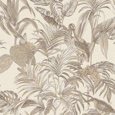 an image of a wallpaper with birds and plants on it's side, in beige