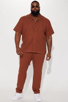 Model Height: 6'4 - Wearing Large Big & Tall: Height 6'5 - Wearing XXXL Available In Chocolate. Fold Down Collar Front Button Closure Short Sleeve 62% Cotton, 38% Polyester Pair With "Dean Textured Slim Pant" Imported | Mens Dean Textured Short Sleeve Button Up Shirt in Chocolate Brown size Large by Fashion Nova Plus Size Men Outfits Mens Fashion, Big Men Fashion Plus Size, Plus Size Men Outfits, Tall Men Fashion, Tall Height, Chocolate Fashion, Big Men Fashion, Men Model, Big Men