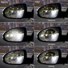 the side view mirror on a car with four different images showing it's reflection