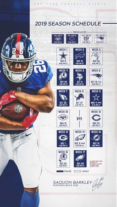 a football player holding a ball in front of a poster with the season schedule on it