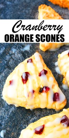 cranberry orange scones on a baking sheet with the words cranberry orange scones