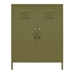 a green cabinet with two doors and three drawers