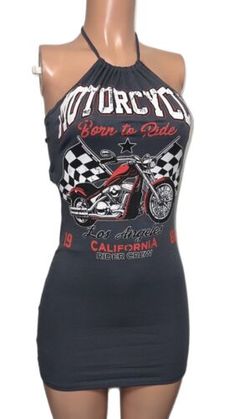 Biker Grey Motorcycle Graphic Halter Mini Dress Bike Week Tie Open Back Nwt S | eBay Grey Motorcycle, Edgy Vibes, Punk Grunge, Bike Week, Halter Mini Dress, Gothic Style, Dress Picture, Gothic Fashion, Open Back