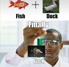 a man in glasses is looking at fish and duck