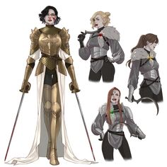 four different views of the same woman in armor and clothes, one with two swords