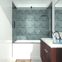 a bathroom with a shower, sink and mirror