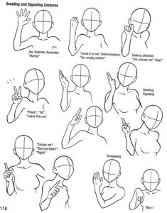 how to draw the head and hands in different positions, with instructions for each hand