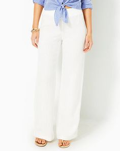 Mid-rise, pull-on palazzo pant with a wide fit and self-waistband. 31" Inseam. Beachside Linen™ (100% Linen). Machine wash cold, separately, or dry clean. Imported. Elevate your beachside look in our Deri Linen Palazzo Pant. These machine washable pull-on mid-rise pants offer a relaxed fit and can be dressed up or dressed down. Linen Palazzo Pants, White Lilly, Palazzo Pant, Palazzo Pants, Dressed Down, Lilly Pulitzer, Mid Rise, Dry Clean, Dress Up