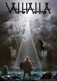 a movie poster for valhalla with a man walking up stairs to the sky