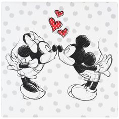 two mickey mouses kissing each other on a polka dot background with hearts in the air