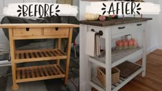 before and after photos of a kitchen island with butcher block top on the left side