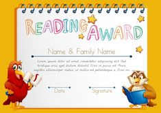 an award certificate with two cartoon birds reading books and holding a book in their hands