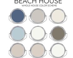 the beach house paint color scheme is shown in six different shades, including white and blue