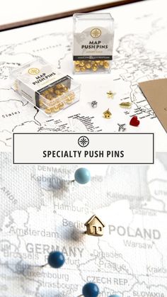 a map with pins on it and the words specialty push pins in front of it