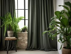 a living room with green curtains and potted plants