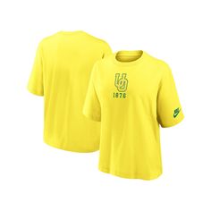 Showcase your unmoving dedication to the Oregon Ducks by grabbing this Boxy Legacy Established T-shirt from Nike. It features a spirited Oregon Ducks graphic along with the university's founding year for an endearing showing of support. The boxy fit gives this tee a relaxed feel, making it a comfy choice and the perfect complement to your go-to team cap when gameday arrives.Showcase your unmoving dedication to the Oregon Ducks by grabbing this Boxy Legacy Established T-shirt from Nike. It featur Retro Nike T-shirt With Letter Print, Nike Retro T-shirt With Letter Print, Nike Graphic Print Tops For College, Nike Retro Tops With Letter Print, Nike Yellow T-shirt With Graphic Print, Nike Yellow, Team Cap, Oregon Ducks, Women's Nike