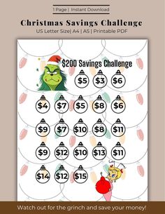 christmas savings challenge with the grin on it and an image of a cartoon character in santa hat