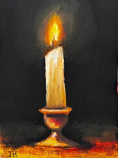 a painting of a lit candle on a black background