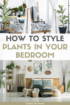 a bedroom with plants in it and the words how to style plants in your bedroom