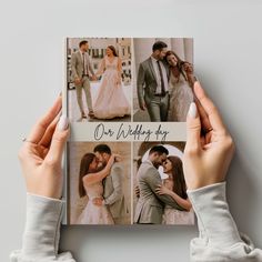 two hands holding up a wedding photo book with photos on the front and back cover