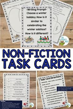 the non - fiction task cards for winter and christmas are shown in three different ways