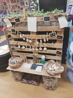 a wooden pallet filled with lots of different items