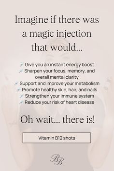 Vitamin B12 shots are a fast and effective way to ensure you're getting sufficient amounts of this essential vitamin, which is often difficult to obtain through diet alone. The appointments are quick, no longer than 10 minutes making this a perfect lunch break treatment. Benefits Of Vitamin B12 Injection, Spa Content, B12 Benefits, Vitamin B12 Injections, B12 Shots, Vitamin Therapy, Esthetician Inspiration, Iv Vitamin Therapy, Iv Hydration