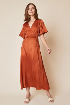 Lola Wrap Dress in Rust · Whimsy & Row ~ Sustainable Clothing & Lifestyle Brand Silk V-neck Wrap Dress For Date Night, Silk V-neck Dress For Fall, Maxi Length V-neck Dress For Brunch, Silk Flowy V-neck Maxi Dress, Fall Maxi Dress With Surplice Neckline For Date Night, Silk V-neck Maxi Dress For Date Night, Flowy V-neck Wrap Dress For Evening, Fall Silk V-neck Dress, Flowy V-neck Evening Wrap Dress