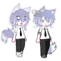 two anime characters wearing black and white clothes, one with purple hair and the other with blue