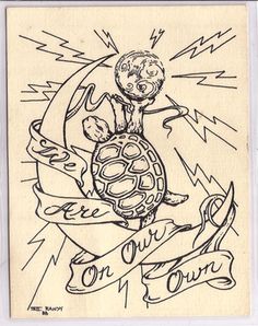 an ink drawing of a turtle on top of a banner with the words free our own