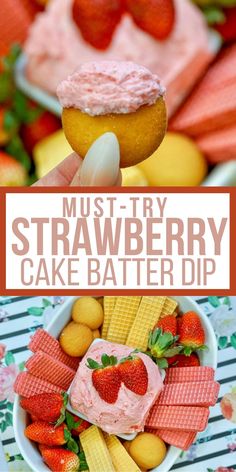 the strawberry cake batter dip is being held up by a spoon with strawberries on it