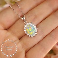 Fire Opal Necklace, Opal Engagement, Matching Ring, Halo Style, Halo Setting, Engagement Rings Opal, Diamond Simulant, Birthstone Gifts, Birthstone Pendant