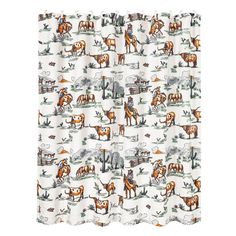 a shower curtain with cows and trees on it