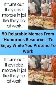 two men in orange shirts are making pizzas with the words, 50 reliable memes from'humorous resources'to enjoy while you pretend to work