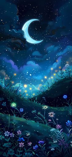 the night sky with stars, clouds and flowers on it is painted in blue tones