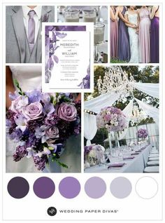 purple and grey wedding color scheme for the bride's gowns, flowers, and table settings