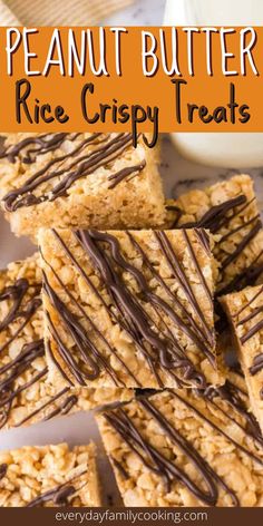 peanut butter rice crispy treats stacked on top of each other