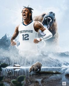 a man in a white jersey with a bear on his back and the words memphis 12 above him