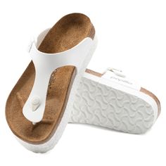 The Gizeh Platform From Birkenstock - Our Classic Thong Style With An Added Midsole Of Eva Foam For A Boost In Height And Comfort. Shown In Birko-Flor. Anatomically Shaped Cork-Latex Footbed Upper: Birko-Flor Footbed Lining: Suede Sole: Eva Heel Type: Platform; Height: 25 Mm Details: Thong With An Individually Adjustable Metal Tongue Buckle; Color-Coordinated Tongue Buckles Footbed “Made In Germany” White T-strap Sandals With Leather Footbed, Birkenstock Boston Shearling, Birkenstock White, Birkenstock Papillio, Vegan Sandals, Two Strap Sandals, Double Strap Sandals, Birkenstock Women, Birkenstock Shoes