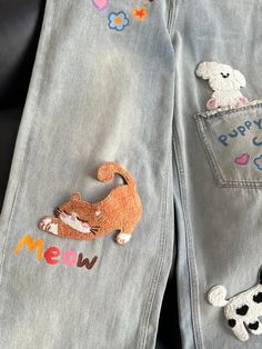 Puppy Cat Party Cute Patch Denim Wide-Leg Jeans - ntbhshop