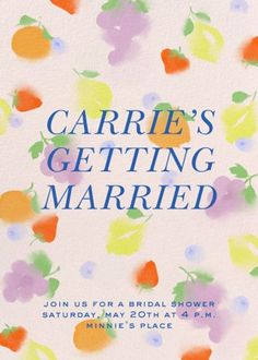 a wedding card with colorful flowers and fruit on the front, in bright blue lettering