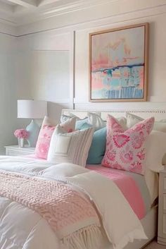 a white bed topped with lots of pillows next to a painting on the wall above it