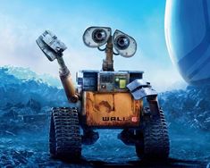 a robot with two eyes standing in front of a blue planet