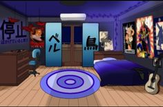 a cartoon bedroom with blue walls and purple carpet, guitar on the floor in front of bed