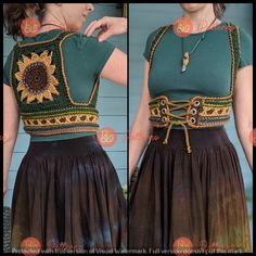 two pictures of a woman wearing a green top and brown skirt with sunflowers on it