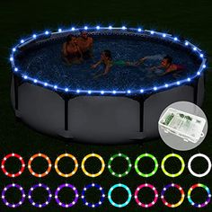 an above ground swimming pool with led lights on the sides and children playing in it