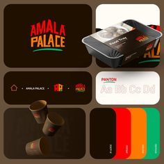 various business cards with different designs and colors on them, including coffee cups in the bottom right hand corner