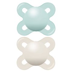 two pacifiers in the shape of an infant's pacifier, one white and one light blue