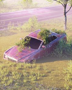 an old rusted car sitting in the middle of a field with weeds growing on it