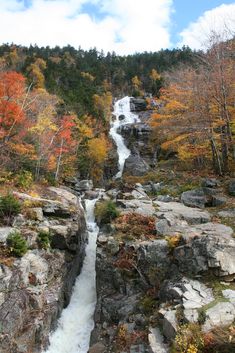 a waterfall in the middle of a forest filled with trees and rocks, surrounded by fall foliage